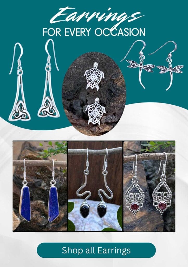 An image with three pairs of sterling silver earrings and three pairs of gemstone and sterling silver earrings. Click the image and it takes you to our full collection of sterling silver and gemstone earrings