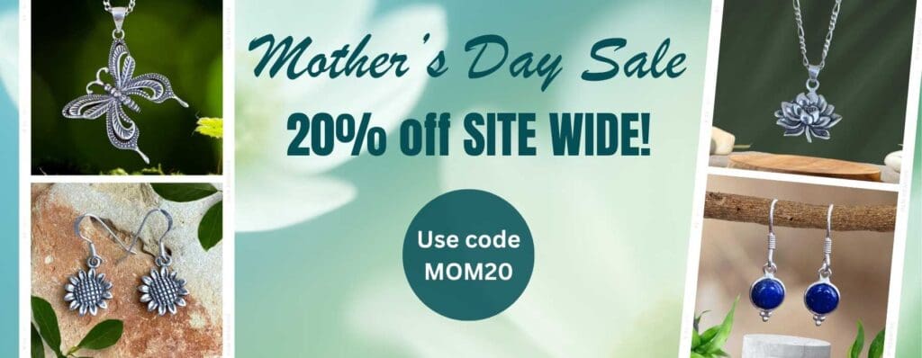 An image of a sterling silver butterfly pendant, sterling sunflower earrings, lotus pendant, petite round lapis lazuli dangle earrings. The image says our mother's day sale is 20% off Site Wide. Use code MOM20