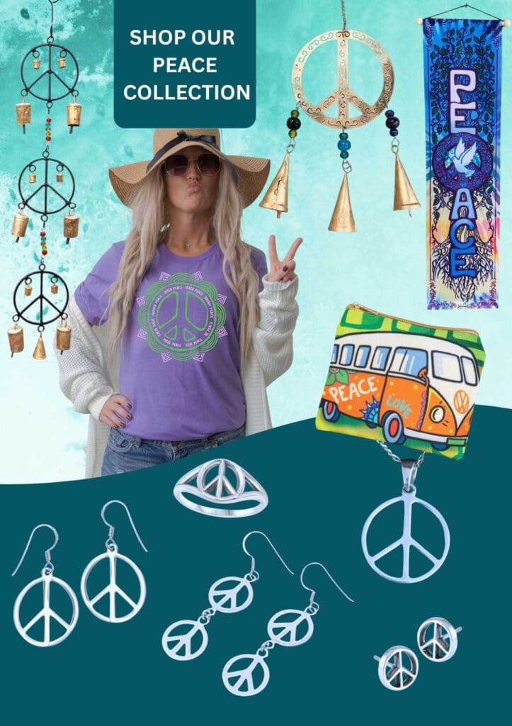 an image of a 2 peace sign Wind chimes, a Purple Peace T Shirt on a woman, A vertical hanging Peace Banner and several pieces of sterling silver Peace Sign Jewelry. Click the image and view our complete Peace Collection
