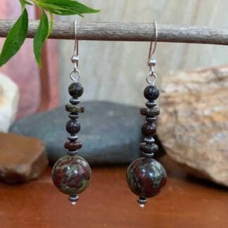 an image of a long dangling pair of Dragon Blood Jasper and Sterling Silver Earrings with sterling silver ear hook.