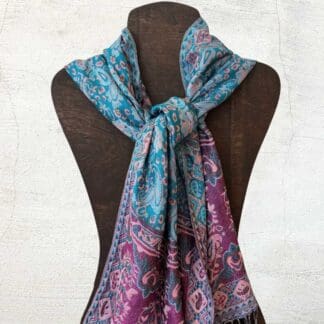 an image of a Fuchsia and Turquoise with Peach Paisley Scarf