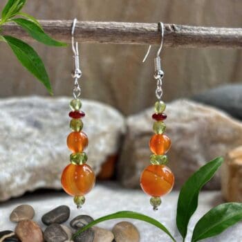 an image of a pair of Carnelian and Peridot Beaded Dangle Earrings with a sterling silver ear hook
