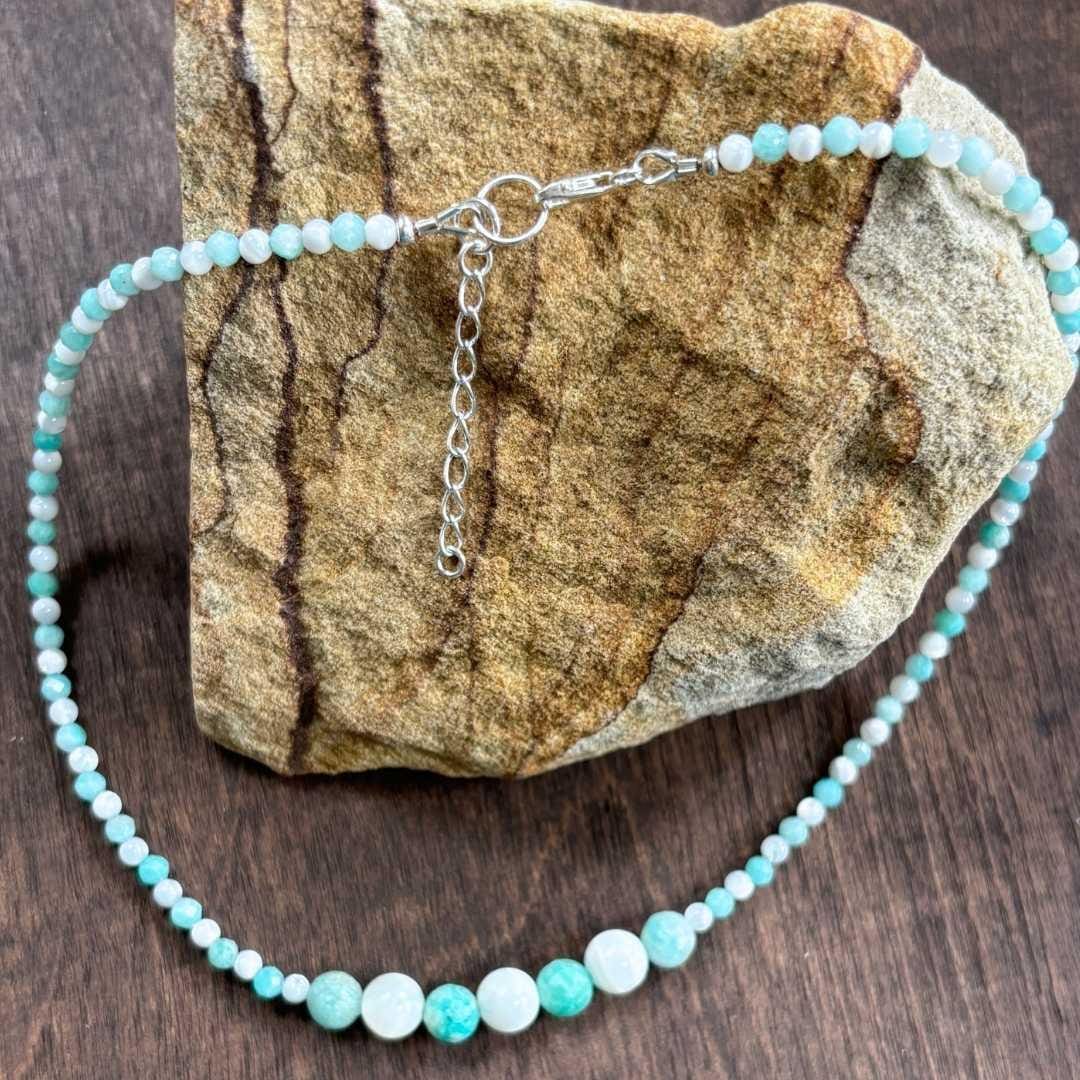 an image of a Amazonite and Mother of Pearl Beaded Choker Necklace showing the sterling silver lobster clasp and extension chain