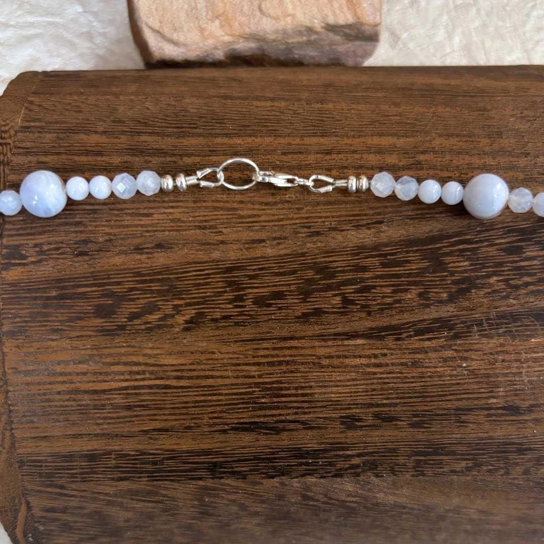 an image of a Blue Lace Agate Necklace and Pendant showing a closeup of the sterling silver lobster clasp