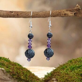 an image of a pair of Larvikite and Amethyst Beaded Earrings with medium dangle on sterling silve rear hooks