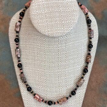 an image of a Leopard Skin Jasper Tubes and Black Onyx Necklace with a sterling silver lobster clasp