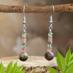 an image of a pair of Unakite with Peridot and Peach Moonstone Beaded Gemstone Dangle Earrings