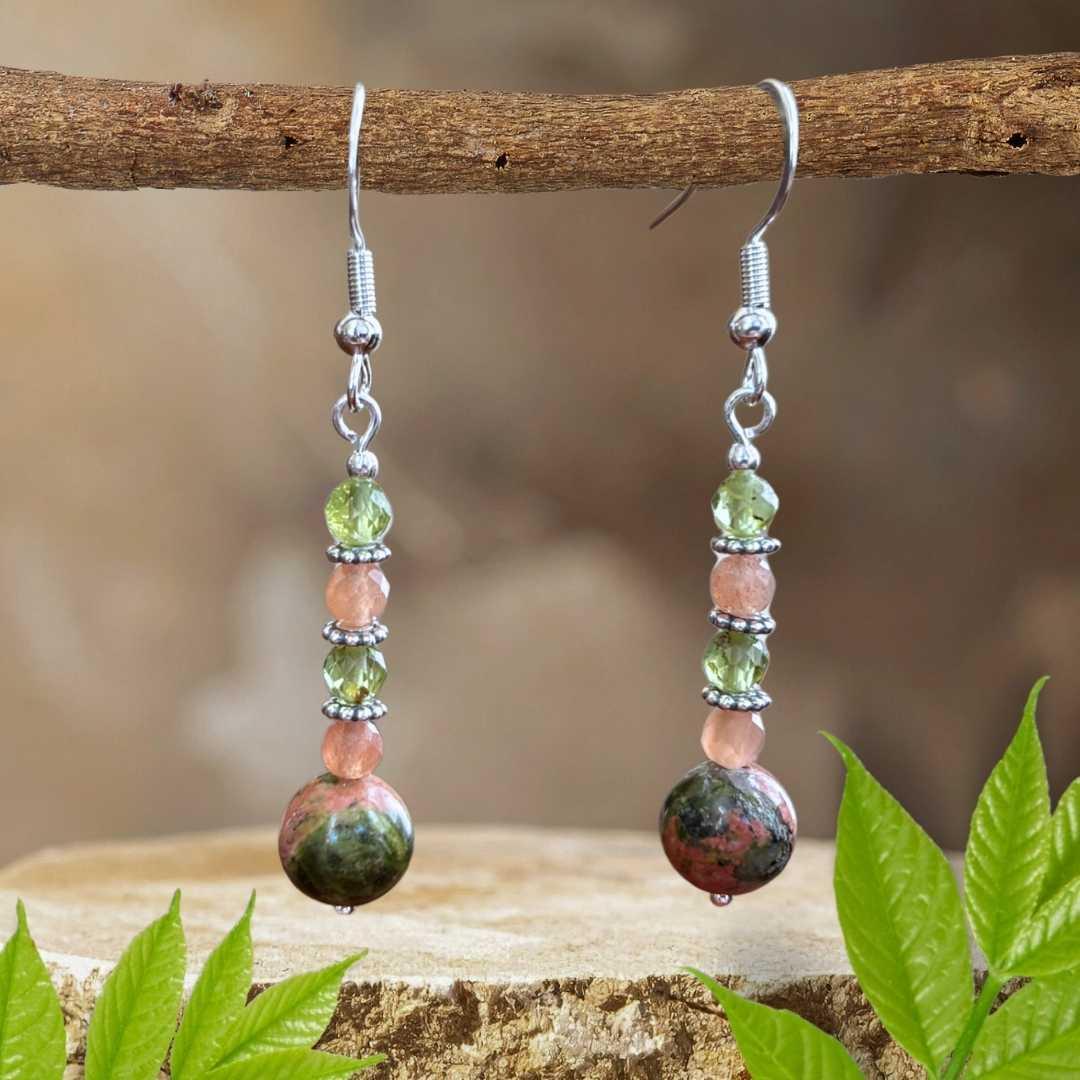 an image of a pair of Unakite with Peridot and Peach Moonstone Beaded Gemstone Dangle Earrings