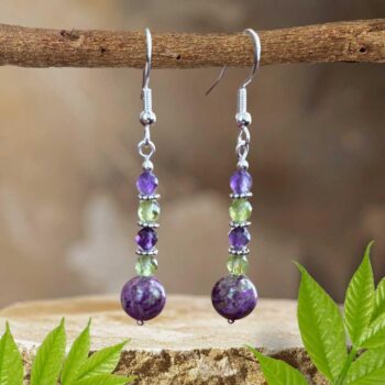 an image of a pair od Atlantisite Stichtite with Peridot and Amethyst beaded gemstone dangle Earrings
