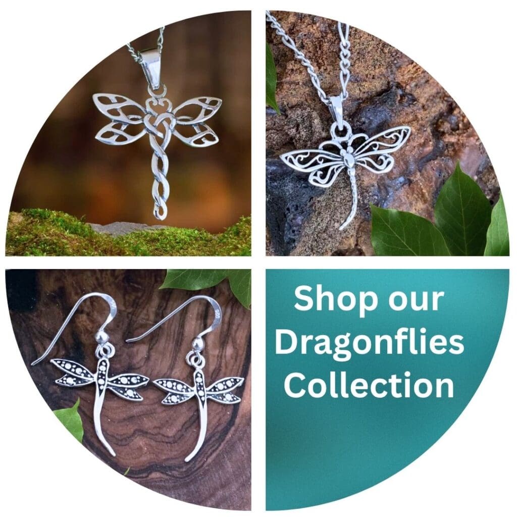 an image of a pair of sterling silver dragonfly earrings and two sterling silver dragonfly pendants. Clicking the image takes you to our full dragonfly collection
