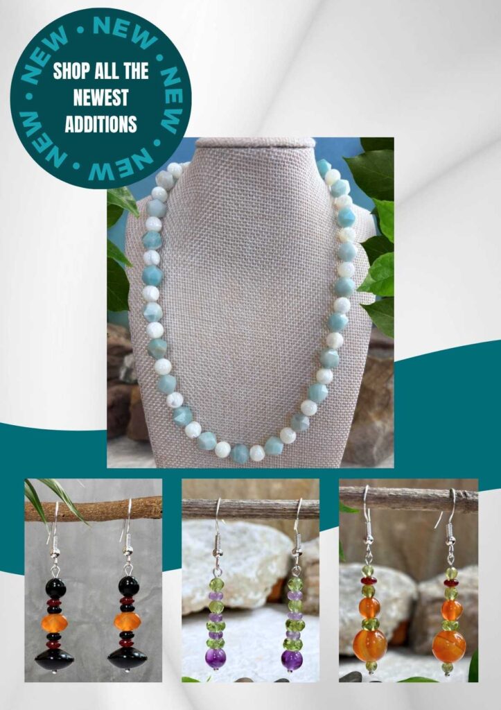 an image of an amazonite and mother of pearl beaded necklace, a paid of black onyx and carnelian beaded earrings, a pair of amethyst and peridot beaded earrings, a pair of carnelian and peridot earrings telling you to click the image to shop all the newest additions. 