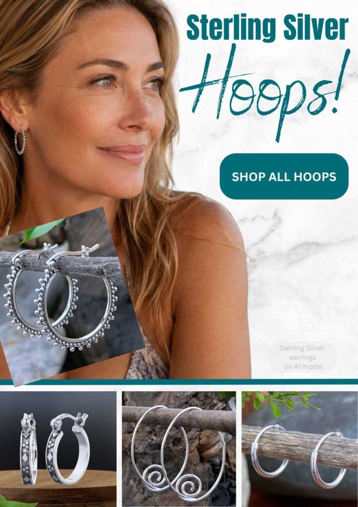 An image of an AI model wearing a pair of our sterling silver click hoop earrings. Below the image of the model are three other pairs of hoop earrings. Clicking the image takes you to our full hoop earring collection