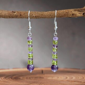 an image of a pair of Amethyst and Peridot Beaded Earrings with a nice amount of dangle