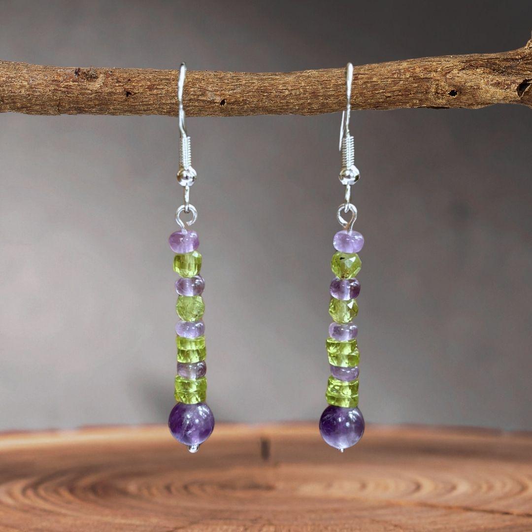 an image of a pair of Amethyst and Peridot Beaded Earrings with a nice amount of dangle