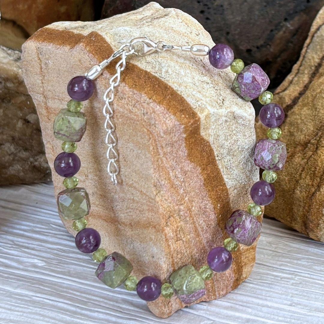 Atlantisite Stichtite with Amethyst and Peridot Bracelet