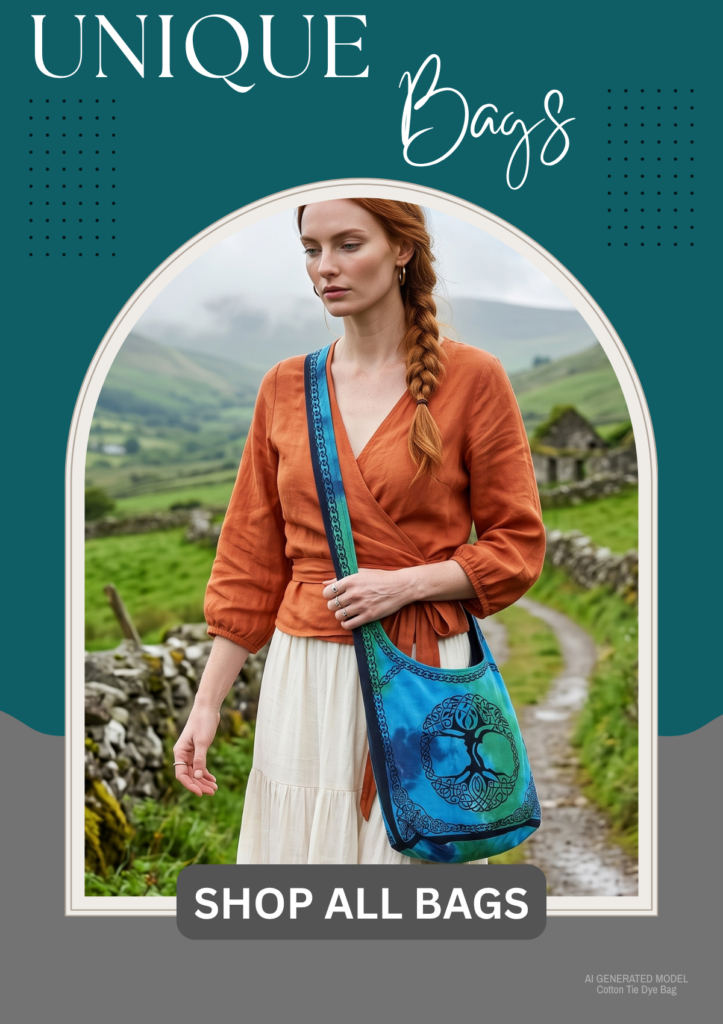 An image of a redheaded AI Generated model walking down a country lane in Ireland with out blue and green tie dye hobo bag. The bag has an overlay design of a black Celtic Tree of Life design
