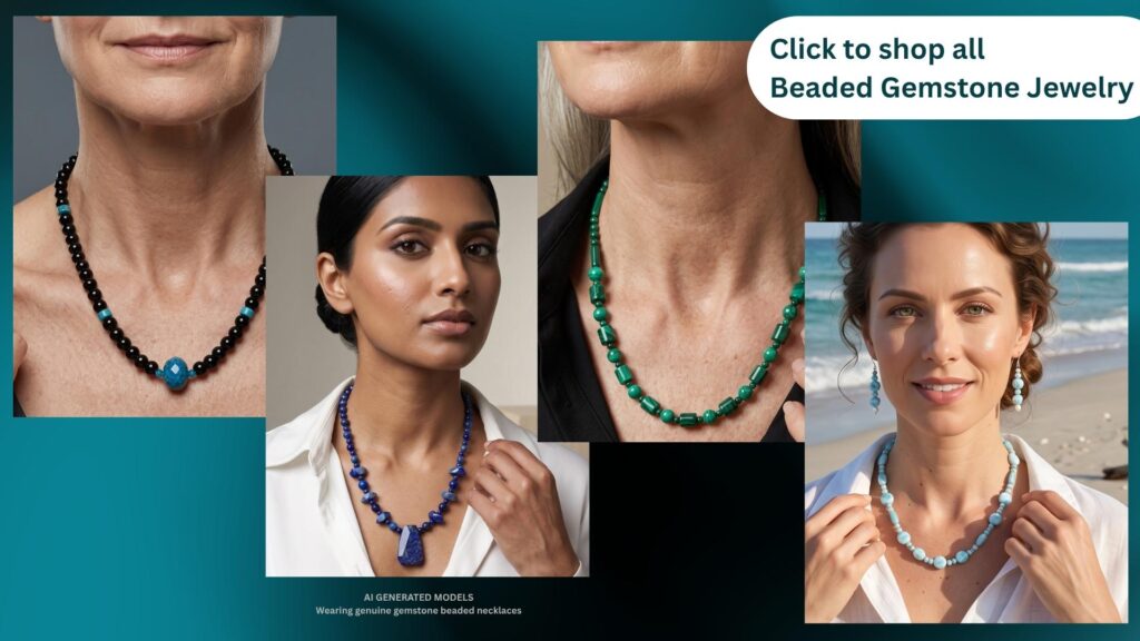 An image of four women each wearing a different beaded gemstone necklace. Click the image to view all beaded gemstone jewelry