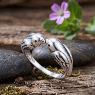 an image of a Sterling Silver Lovebirds Ring showing two birds leaning in for a kiss