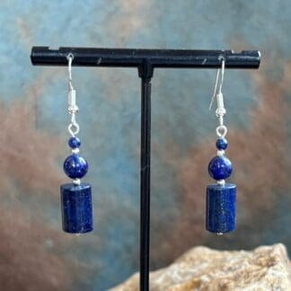 an image of a pair of Lapis Lazuli and Sterling Beaded Earrings that are 1.75 inches long from the top of the earring hook