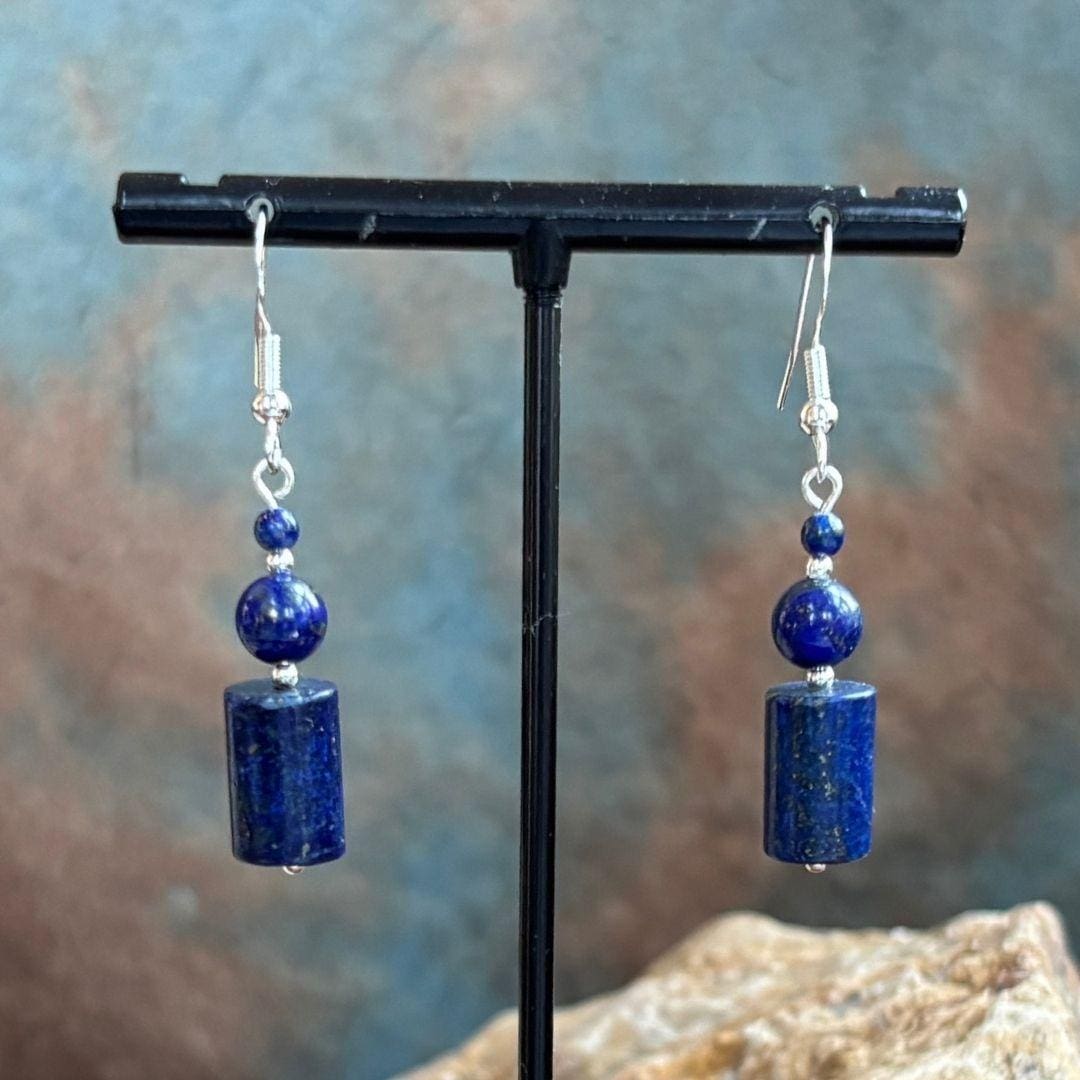 an image of a pair of Lapis Lazuli and Sterling Beaded Earrings that are 1.75 inches long from the top of the earring hook