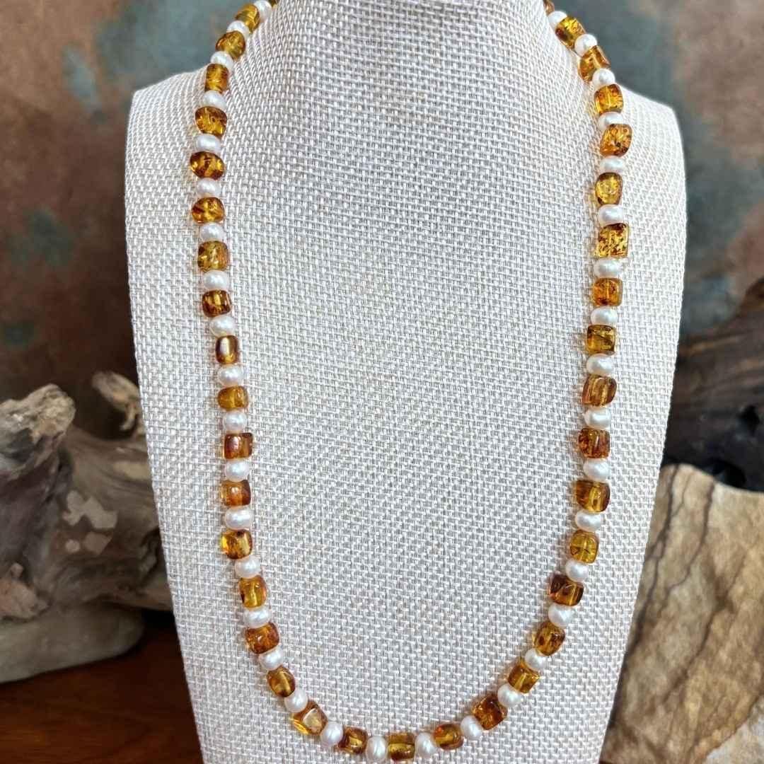 Amber Cubes and Pearls Beaded Necklace